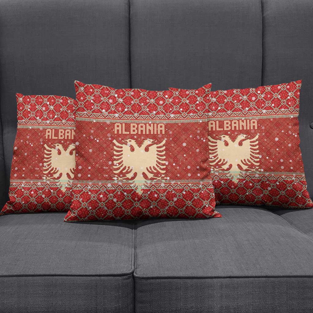 Albania Christmas Pillow Cover with Red Geometric Design, Golden Double-Headed Eagle, and Santa Motif - Wonder Print Shop