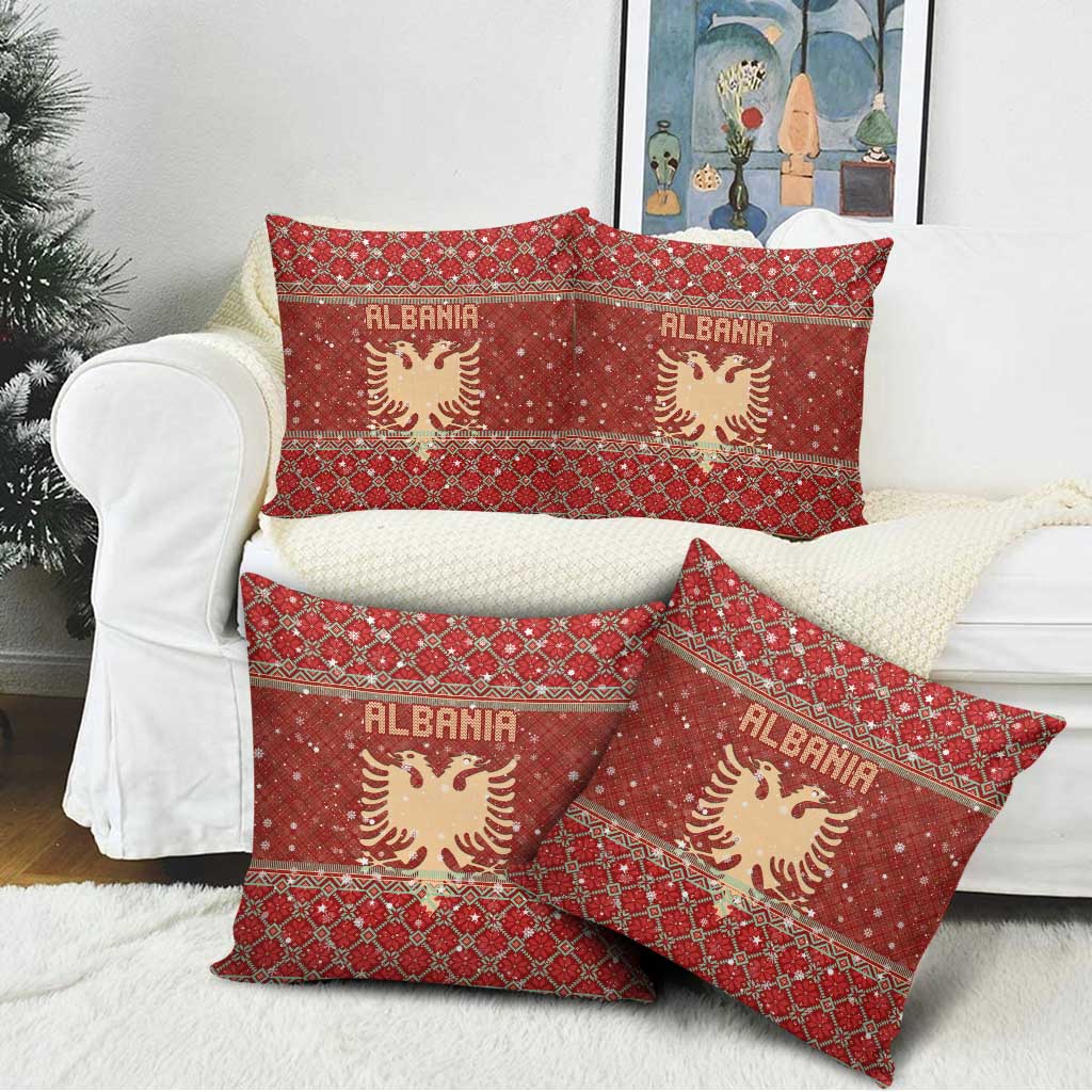 Albania Christmas Pillow Cover with Red Geometric Design, Golden Double-Headed Eagle, and Santa Motif - Wonder Print Shop