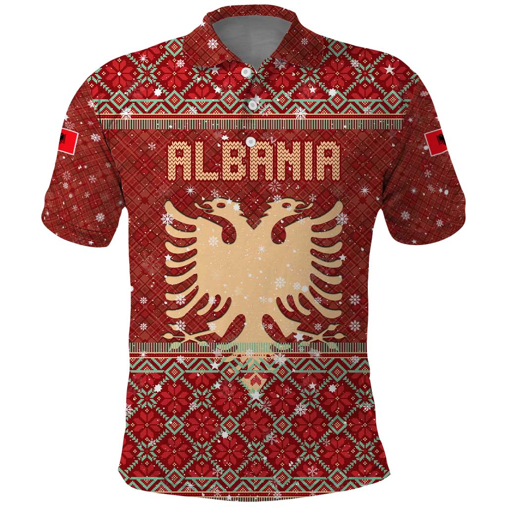 Albania Christmas Polo Shirt with Red Geometric Design, Golden Double-Headed Eagle, and Santa Motif - Wonder Print Shop