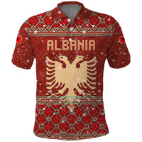 Albania Christmas Polo Shirt with Red Geometric Design, Golden Double-Headed Eagle, and Santa Motif - Wonder Print Shop