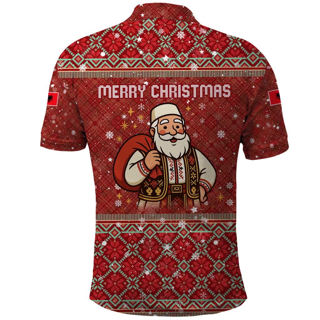 Albania Christmas Polo Shirt with Red Geometric Design, Golden Double-Headed Eagle, and Santa Motif - Wonder Print Shop