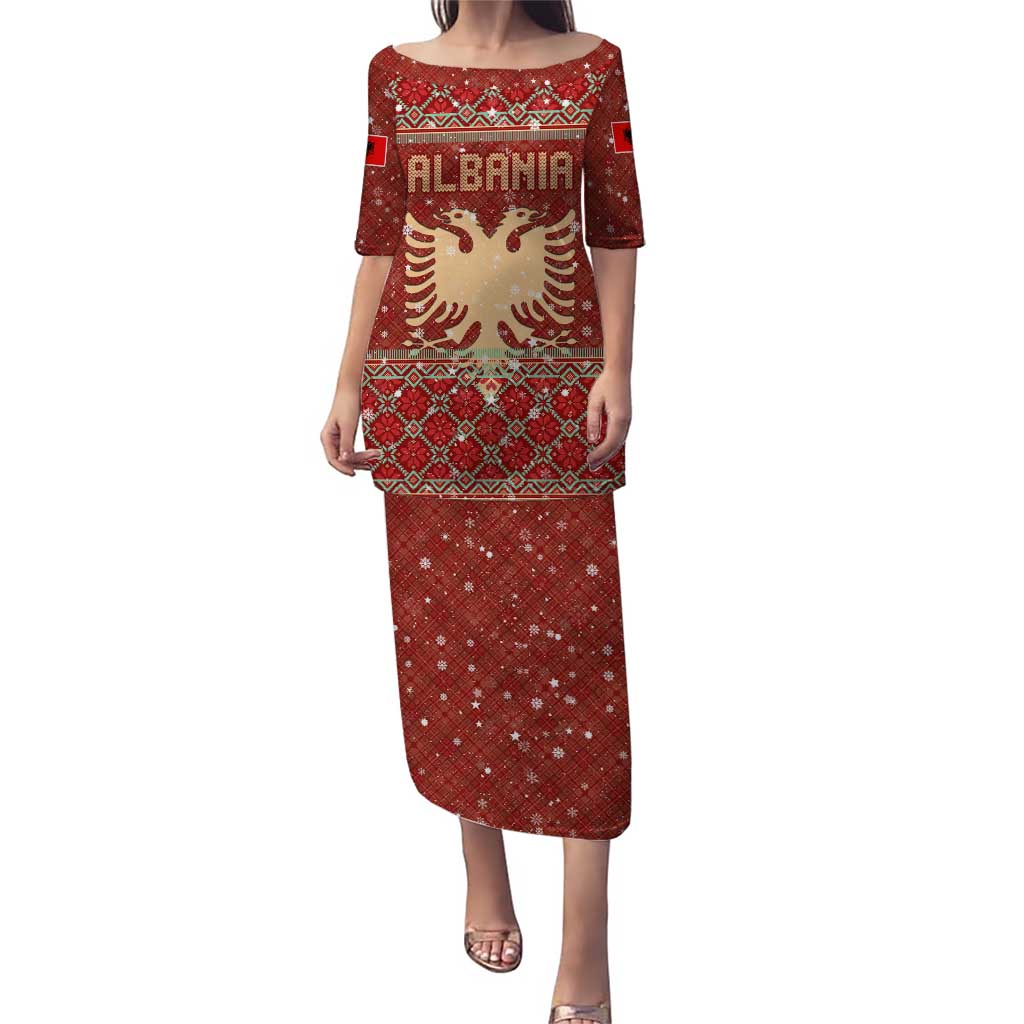 Albania Christmas Puletasi with Red Geometric Design, Golden Double-Headed Eagle, and Santa Motif - Wonder Print Shop