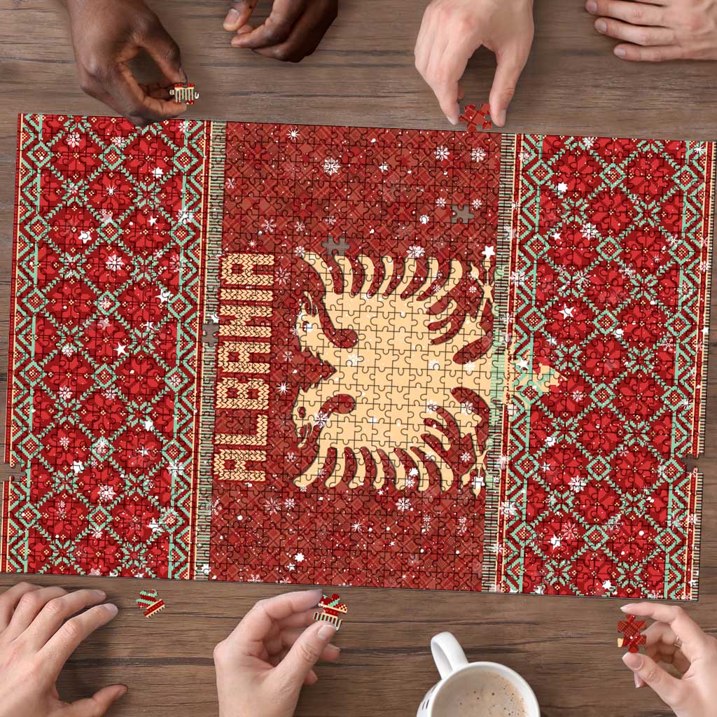 Albania Christmas Puzzle with Red Geometric Design, Golden Double-Headed Eagle, and Santa Motif - Wonder Print Shop