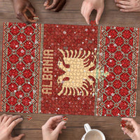 Albania Christmas Puzzle with Red Geometric Design, Golden Double-Headed Eagle, and Santa Motif - Wonder Print Shop