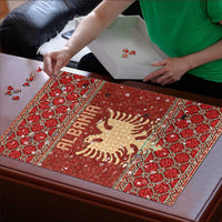 Albania Christmas Puzzle with Red Geometric Design, Golden Double-Headed Eagle, and Santa Motif - Wonder Print Shop