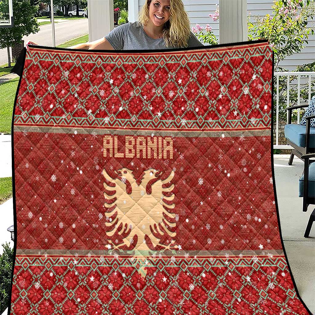 Albania Christmas Quilt with Red Geometric Design, Golden Double-Headed Eagle, and Santa Motif - Wonder Print Shop