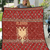 Albania Christmas Quilt with Red Geometric Design, Golden Double-Headed Eagle, and Santa Motif - Wonder Print Shop