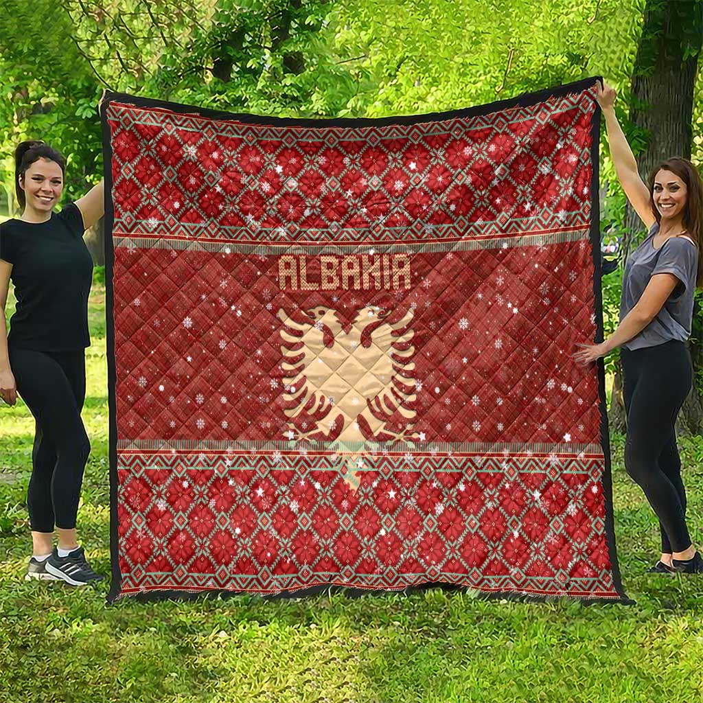 Albania Christmas Quilt with Red Geometric Design, Golden Double-Headed Eagle, and Santa Motif - Wonder Print Shop