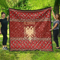 Albania Christmas Quilt with Red Geometric Design, Golden Double-Headed Eagle, and Santa Motif - Wonder Print Shop
