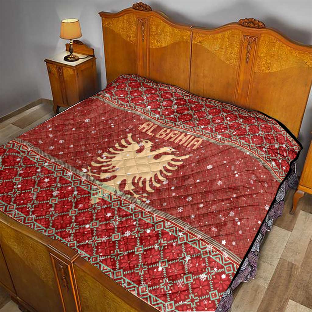 Albania Christmas Quilt with Red Geometric Design, Golden Double-Headed Eagle, and Santa Motif - Wonder Print Shop