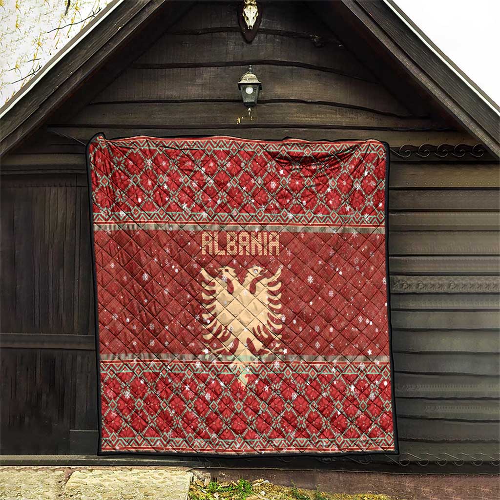 Albania Christmas Quilt with Red Geometric Design, Golden Double-Headed Eagle, and Santa Motif - Wonder Print Shop