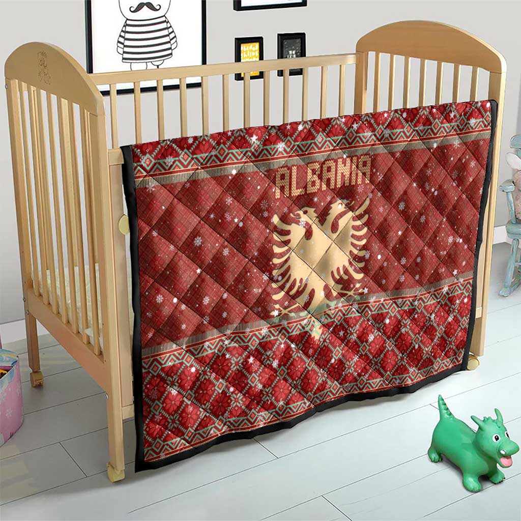 Albania Christmas Quilt with Red Geometric Design, Golden Double-Headed Eagle, and Santa Motif - Wonder Print Shop