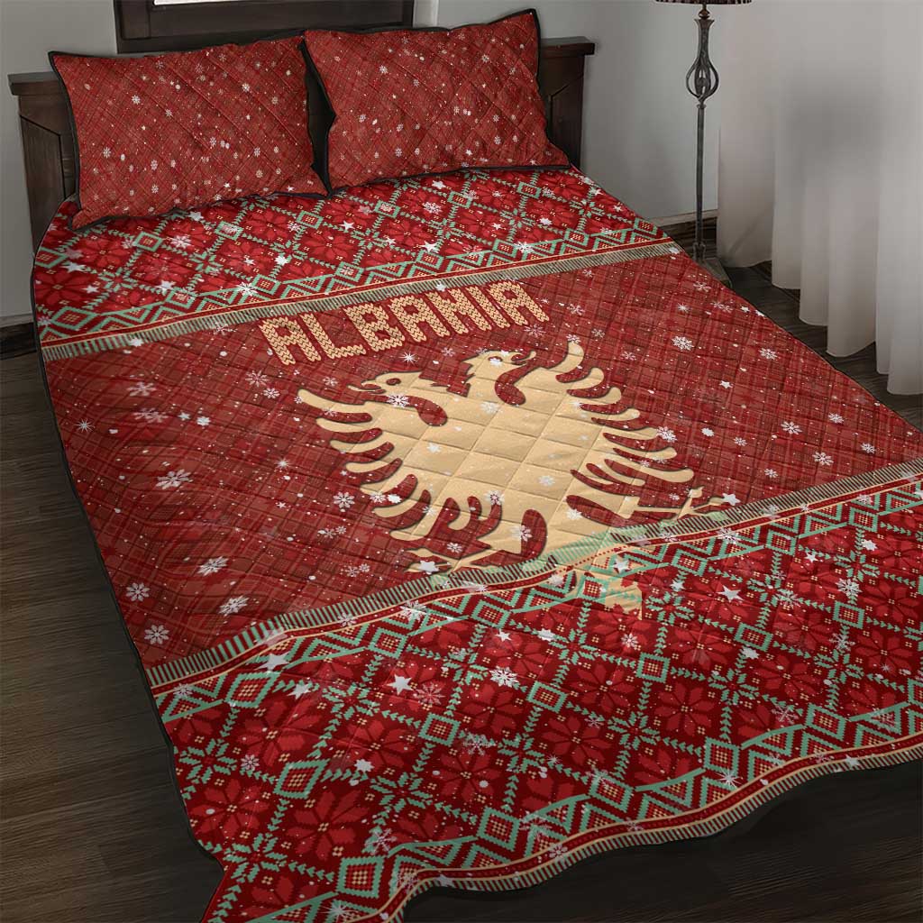 Albania Christmas Quilt Bed Set with Red Geometric Design, Golden Double-Headed Eagle, and Santa Motif - Wonder Print Shop