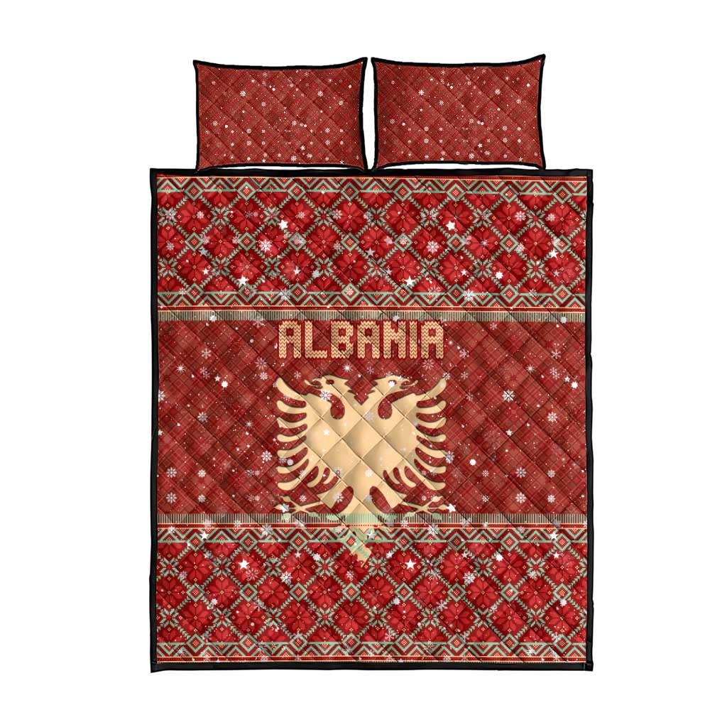 Albania Christmas Quilt Bed Set with Red Geometric Design, Golden Double-Headed Eagle, and Santa Motif - Wonder Print Shop