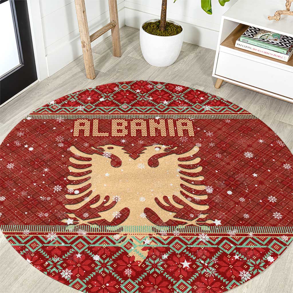 Albania Christmas Round Carpet with Red Geometric Design, Golden Double-Headed Eagle, and Santa Motif - Wonder Print Shop