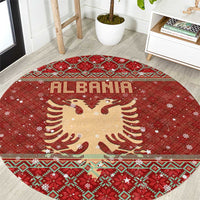 Albania Christmas Round Carpet with Red Geometric Design, Golden Double-Headed Eagle, and Santa Motif - Wonder Print Shop