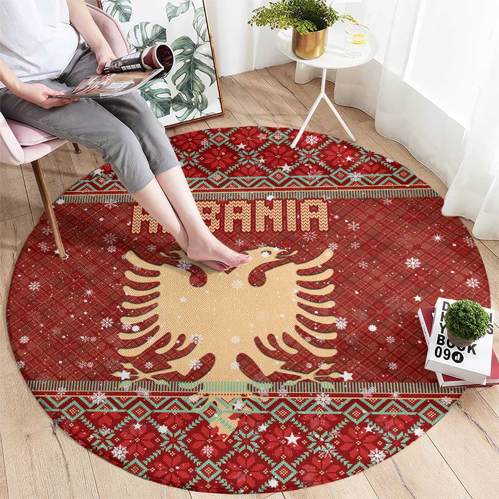 Albania Christmas Round Carpet with Red Geometric Design, Golden Double-Headed Eagle, and Santa Motif - Wonder Print Shop