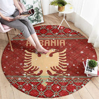 Albania Christmas Round Carpet with Red Geometric Design, Golden Double-Headed Eagle, and Santa Motif - Wonder Print Shop
