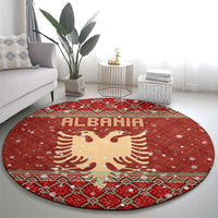 Albania Christmas Round Carpet with Red Geometric Design, Golden Double-Headed Eagle, and Santa Motif - Wonder Print Shop