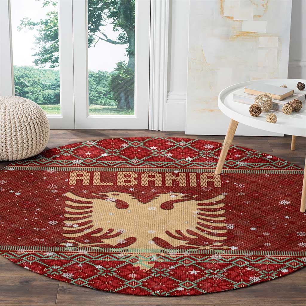 Albania Christmas Round Carpet with Red Geometric Design, Golden Double-Headed Eagle, and Santa Motif - Wonder Print Shop