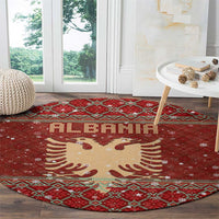 Albania Christmas Round Carpet with Red Geometric Design, Golden Double-Headed Eagle, and Santa Motif - Wonder Print Shop