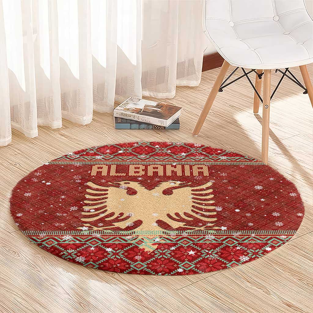 Albania Christmas Round Carpet with Red Geometric Design, Golden Double-Headed Eagle, and Santa Motif - Wonder Print Shop