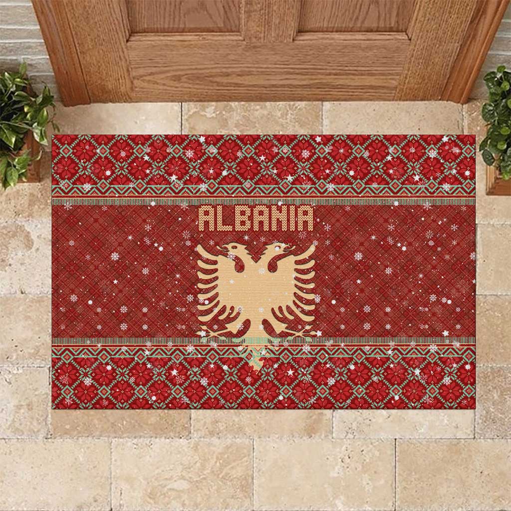 Albania Christmas Rubber Doormat with Red Geometric Design, Golden Double-Headed Eagle, and Santa Motif - Wonder Print Shop