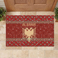 Albania Christmas Rubber Doormat with Red Geometric Design, Golden Double-Headed Eagle, and Santa Motif - Wonder Print Shop