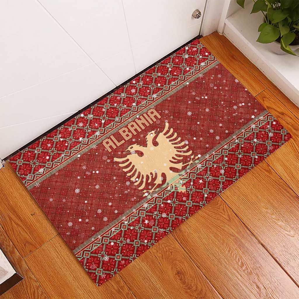 Albania Christmas Rubber Doormat with Red Geometric Design, Golden Double-Headed Eagle, and Santa Motif - Wonder Print Shop