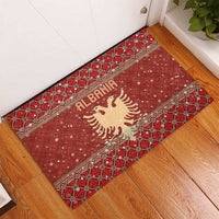 Albania Christmas Rubber Doormat with Red Geometric Design, Golden Double-Headed Eagle, and Santa Motif - Wonder Print Shop