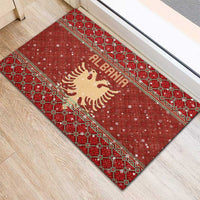 Albania Christmas Rubber Doormat with Red Geometric Design, Golden Double-Headed Eagle, and Santa Motif - Wonder Print Shop