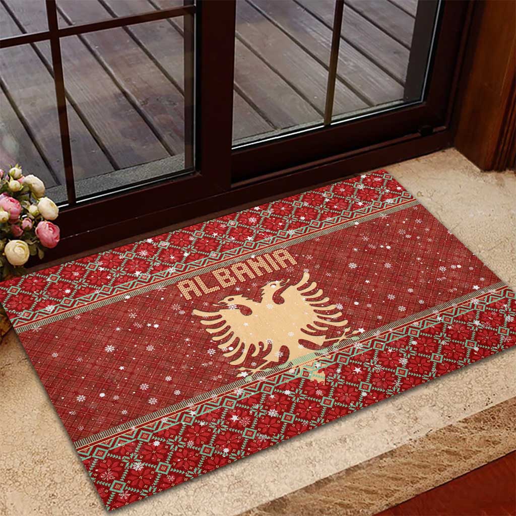 Albania Christmas Rubber Doormat with Red Geometric Design, Golden Double-Headed Eagle, and Santa Motif - Wonder Print Shop