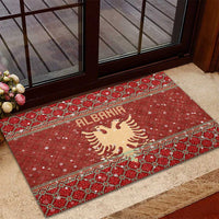 Albania Christmas Rubber Doormat with Red Geometric Design, Golden Double-Headed Eagle, and Santa Motif - Wonder Print Shop