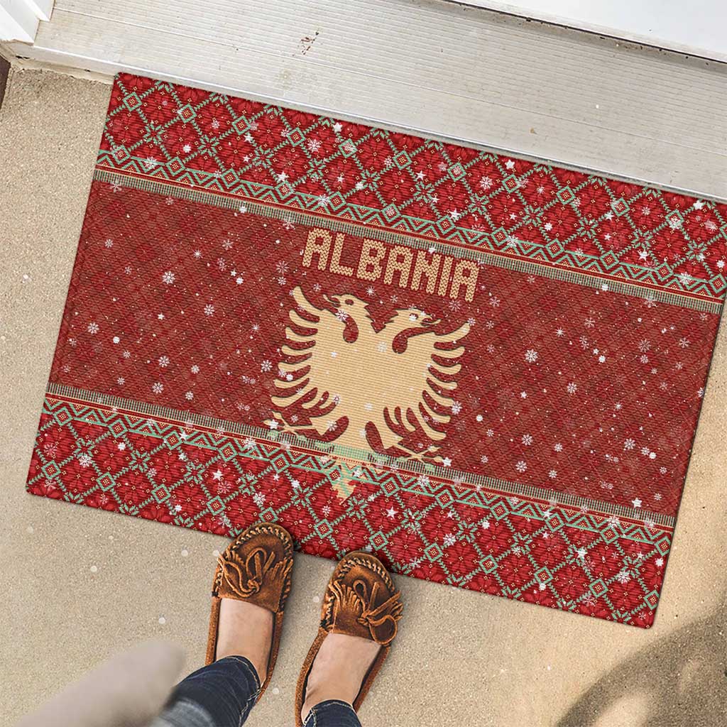 Albania Christmas Rubber Doormat with Red Geometric Design, Golden Double-Headed Eagle, and Santa Motif - Wonder Print Shop