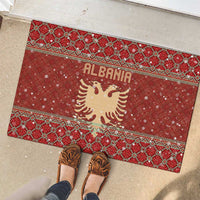 Albania Christmas Rubber Doormat with Red Geometric Design, Golden Double-Headed Eagle, and Santa Motif - Wonder Print Shop