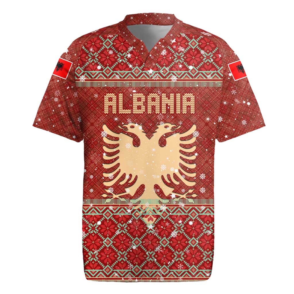 Albania Christmas Rugby Jersey with Red Geometric Design, Golden Double-Headed Eagle, and Santa Motif - Wonder Print Shop