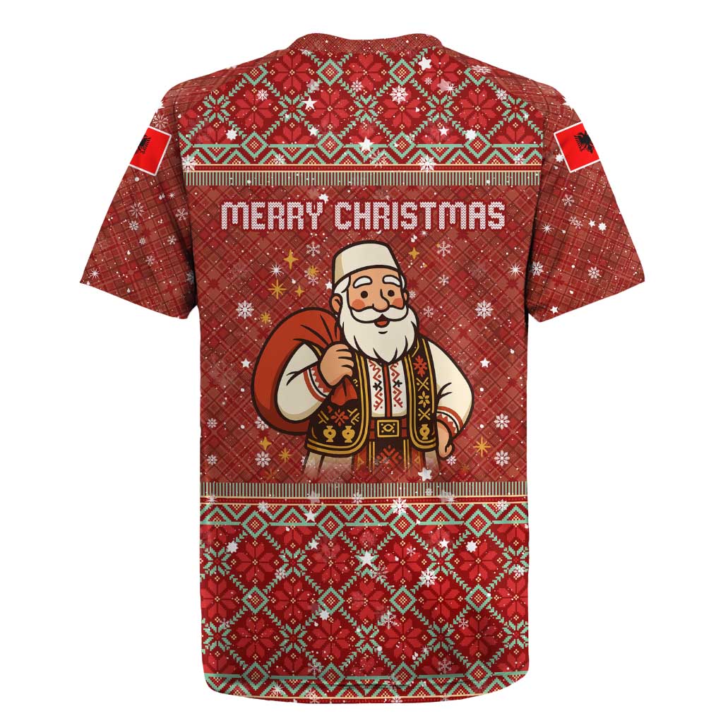 Albania Christmas Rugby Jersey with Red Geometric Design, Golden Double-Headed Eagle, and Santa Motif - Wonder Print Shop