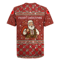 Albania Christmas Rugby Jersey with Red Geometric Design, Golden Double-Headed Eagle, and Santa Motif - Wonder Print Shop