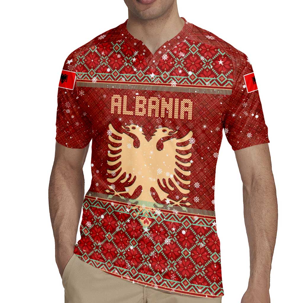 Albania Christmas Rugby Jersey with Red Geometric Design, Golden Double-Headed Eagle, and Santa Motif - Wonder Print Shop