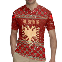 Albania Christmas Rugby Jersey with Red Geometric Design, Golden Double-Headed Eagle, and Santa Motif - Wonder Print Shop