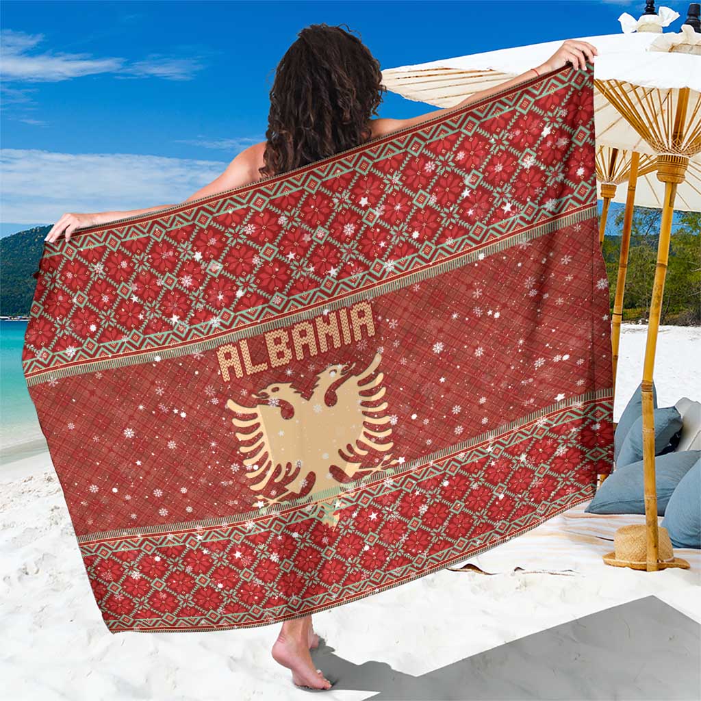 Albania Christmas Sarong with Red Geometric Design, Golden Double-Headed Eagle, and Santa Motif - Wonder Print Shop