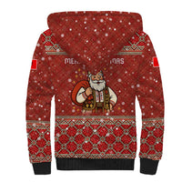 Albania Christmas Sherpa Hoodie with Red Geometric Design, Golden Double-Headed Eagle, and Santa Motif - Wonder Print Shop