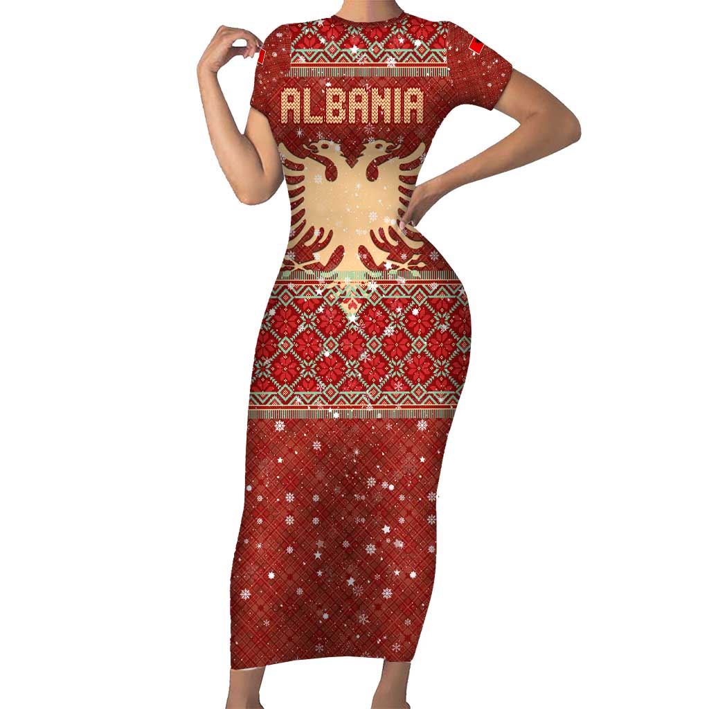 Albania Christmas Short Sleeve Bodycon Dress with Red Geometric Design, Golden Double-Headed Eagle, and Santa Motif - Wonder Print Shop