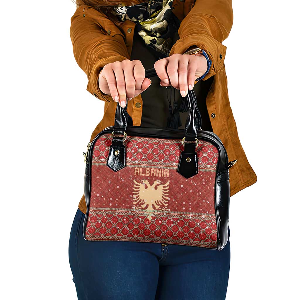 Albania Christmas Shoulder Handbag with Red Geometric Design, Golden Double-Headed Eagle, and Santa Motif - Wonder Print Shop