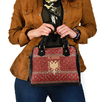 Albania Christmas Shoulder Handbag with Red Geometric Design, Golden Double-Headed Eagle, and Santa Motif - Wonder Print Shop