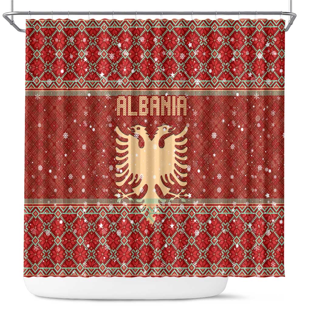 Albania Christmas Shower Curtain with Red Geometric Design, Golden Double-Headed Eagle, and Santa Motif - Wonder Print Shop