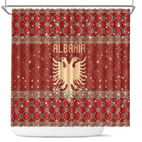 Albania Christmas Shower Curtain with Red Geometric Design, Golden Double-Headed Eagle, and Santa Motif - Wonder Print Shop