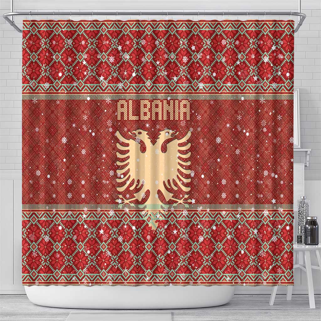 Albania Christmas Shower Curtain with Red Geometric Design, Golden Double-Headed Eagle, and Santa Motif - Wonder Print Shop