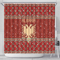 Albania Christmas Shower Curtain with Red Geometric Design, Golden Double-Headed Eagle, and Santa Motif - Wonder Print Shop