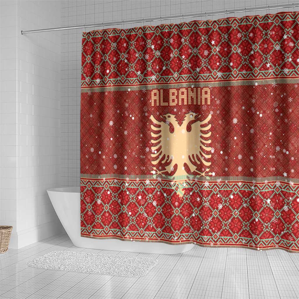 Albania Christmas Shower Curtain with Red Geometric Design, Golden Double-Headed Eagle, and Santa Motif - Wonder Print Shop